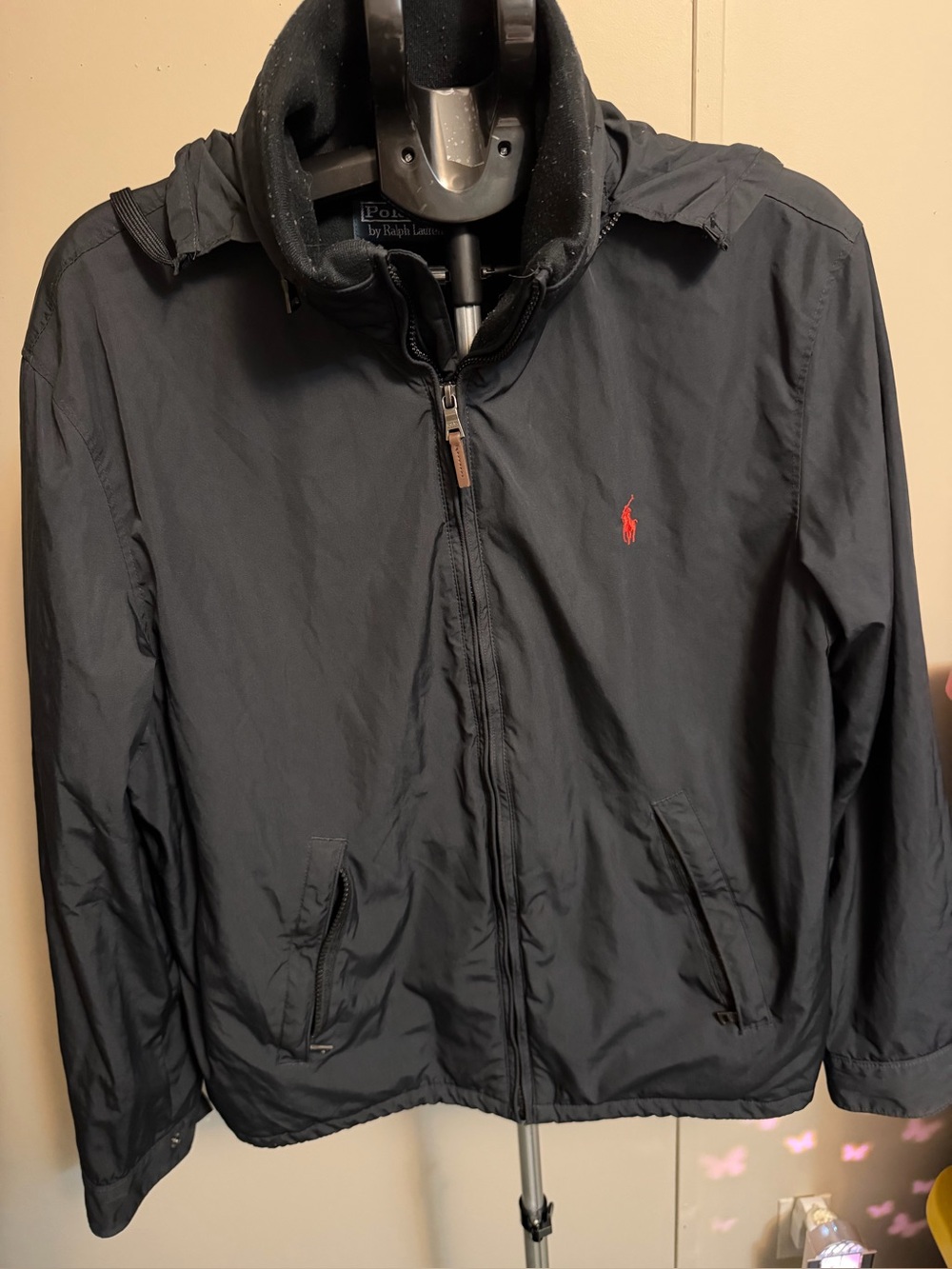 Polo Ralph Lauren Black Full-Zip Hooded Windbreaker Jacket Red Pony Size L